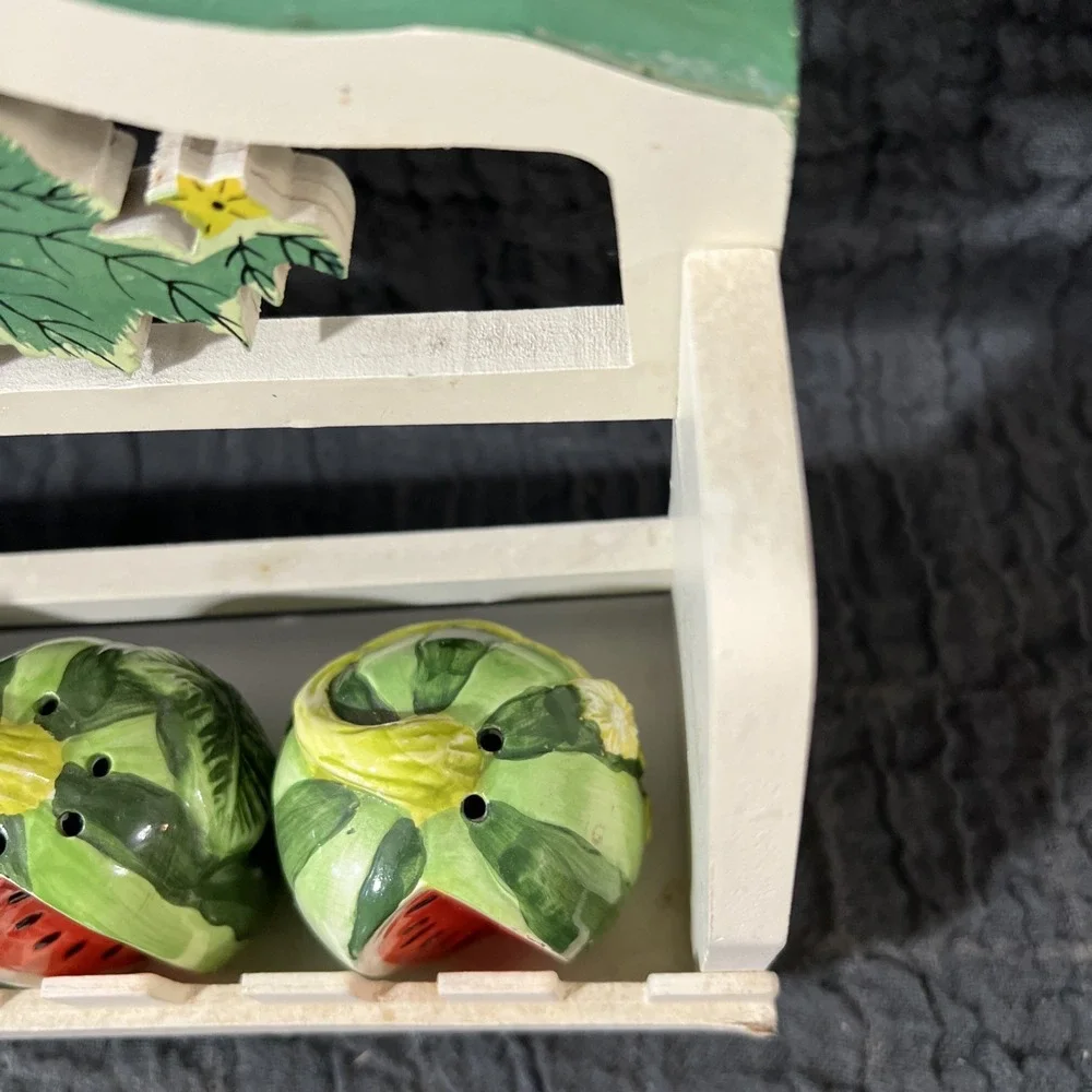 Vintage Wooden Spice Rack with 5 Ceramic Bottles Watermelon‎ Shaped